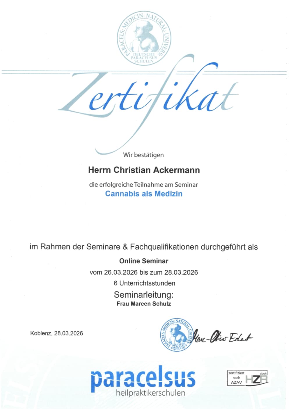 Zertifikat Cannabis als Medizin für Christian Ackermann