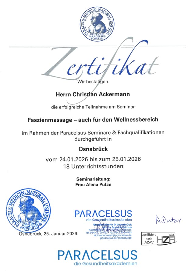 Zertifikat Faszienmassage für Christian Ackermann
