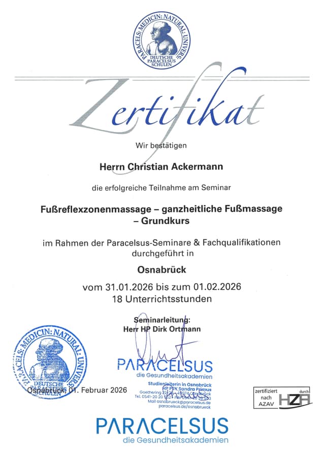 Zertifikat Fußreflexzonenmassage für Christian Ackermann