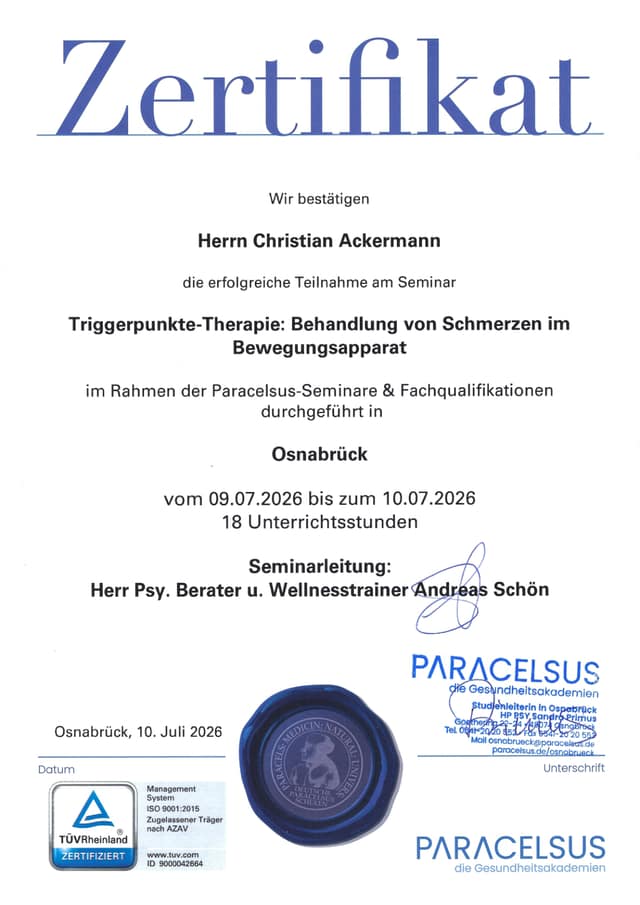 Zertifikat Triggerpunkte-Therapie für Christian Ackermann