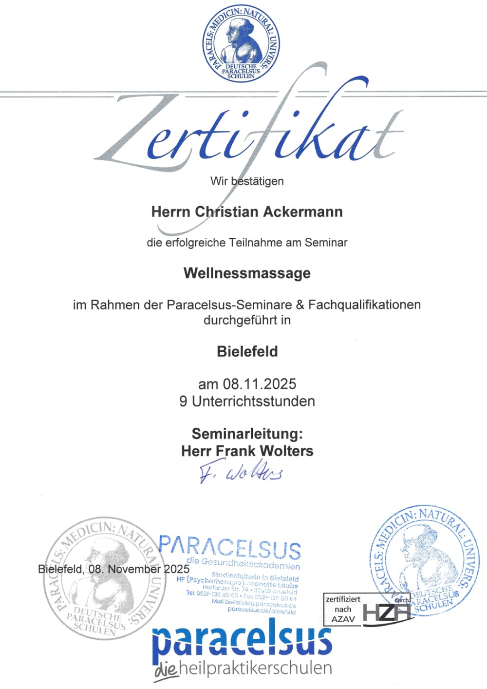 Zertifikat Wellnessmassage für Christian Ackermann