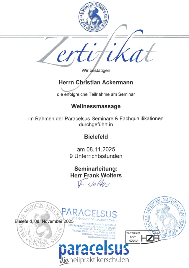 Zertifikat Wellnessmassage für Christian Ackermann